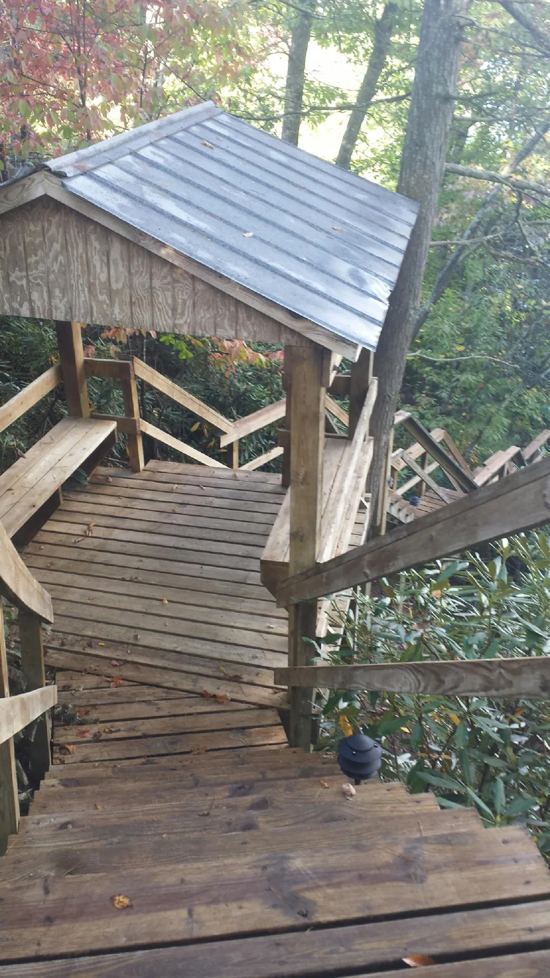 Metal roofed shelter over wooden steps on a wooded walkway — Skylight Repair & Installation work by our crew in Saint Charles